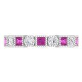 0.85 Carat (Ctw) 14K White Gold Princess Cut Pink Sapphire & Round White Diamond Ladies Vintage Style Milgrain Stackable Wedding Band