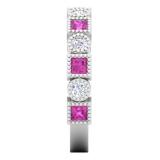 0.85 Carat (Ctw) 14K White Gold Princess Cut Pink Sapphire & Round White Diamond Ladies Vintage Style Milgrain Stackable Wedding Band