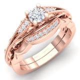 0.45 Carat (Ctw) 10K Rose Gold Round Cut White Diamond Ladies Bridal Vintage Style Milgrain Engagement Ring Matching Band Set 1/2 CT