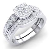 0.85 Carat (Ctw) 10K White Gold Round White Diamond Ladies Cluster Bridal Engagement Ring With Matching Band Set