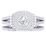 1.00 Carat (Ctw) 10K White Gold Round Cut Diamond Ladies Bridal Split Shank Halo Engagement Ring With Matching Band Set 1 CT