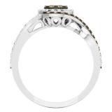 1.00 Carat (Ctw) 10K White Gold Round Champagne & White Diamond Ladies Swirl Split Shank Twisted Bridal Cluster Engagement Ring 1 CT