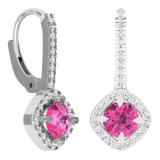 2.20 Carat (Ctw) 10K White Gold Round Cut Pink Sapphire & White Diamond Ladies Halo Style Hoop Earrings