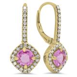 2.20 Carat (Ctw) 10K Yellow Gold Round Cut Pink Sapphire & White Diamond Ladies Halo Style Hoop Earrings