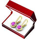 2.20 Carat (Ctw) 10K Yellow Gold Round Cut Pink Sapphire & White Diamond Ladies Halo Style Hoop Earrings