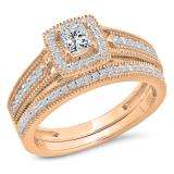 0.70 Carat (Ctw) 10K Rose Gold Princess & Round White Diamond Ladies Milgrain Bridal Halo Engagement Ring With Matching Band Set 3/4 CT