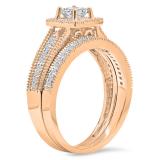 0.70 Carat (Ctw) 10K Rose Gold Princess & Round White Diamond Ladies Milgrain Bridal Halo Engagement Ring With Matching Band Set 3/4 CT