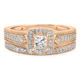 0.70 Carat (Ctw) 10K Rose Gold Princess & Round White Diamond Ladies Milgrain Bridal Halo Engagement Ring With Matching Band Set 3/4 CT