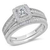 0.70 Carat (Ctw) 10K White Gold Princess & Round White Diamond Ladies Milgrain Bridal Halo Engagement Ring With Matching Band Set 3/4 CT