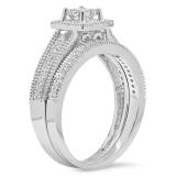 0.70 Carat (Ctw) 10K White Gold Princess & Round White Diamond Ladies Milgrain Bridal Halo Engagement Ring With Matching Band Set 3/4 CT