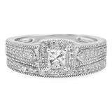 0.70 Carat (Ctw) 10K White Gold Princess & Round White Diamond Ladies Milgrain Bridal Halo Engagement Ring With Matching Band Set 3/4 CT