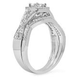 0.70 Carat (Ctw) 10K White Gold Princess & Round Cut White Diamond Ladies Bridal Swirl Halo Style Split Shank Engagement Ring With Matching Band Set 3/4 CT