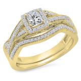 0.70 Carat (Ctw) 10K Yellow Gold Princess & Round Cut White Diamond Ladies Bridal Swirl Halo Style Split Shank Engagement Ring With Matching Band Set 3/4 CT