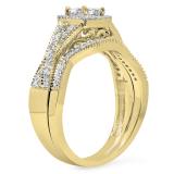 0.70 Carat (Ctw) 10K Yellow Gold Princess & Round Cut White Diamond Ladies Bridal Swirl Halo Style Split Shank Engagement Ring With Matching Band Set 3/4 CT