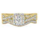 0.70 Carat (Ctw) 10K Yellow Gold Princess & Round Cut White Diamond Ladies Bridal Swirl Halo Style Split Shank Engagement Ring With Matching Band Set 3/4 CT