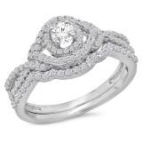 0.75 Carat (Ctw) 18K White Gold Round Cut White Diamond Ladies Bridal Swirl Halo Style Split Shank Engagement Ring With Matching Band Set 3/4 CT