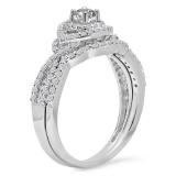0.75 Carat (Ctw) 18K White Gold Round Cut White Diamond Ladies Bridal Swirl Halo Style Split Shank Engagement Ring With Matching Band Set 3/4 CT