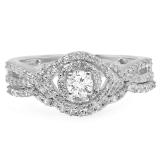 0.75 Carat (Ctw) 18K White Gold Round Cut White Diamond Ladies Bridal Swirl Halo Style Split Shank Engagement Ring With Matching Band Set 3/4 CT