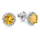 1.85 Carat (ctw) 10K White Gold Round Yellow Citrine & White Diamond Ladies Halo Style Stud Earrings 2 CT