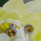 1.85 Carat (ctw) 14K White Gold Round Yellow Citrine & White Diamond Ladies Halo Style Stud Earrings 2 CT