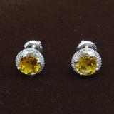 1.85 Carat (ctw) 14K White Gold Round Yellow Citrine & White Diamond Ladies Halo Style Stud Earrings 2 CT
