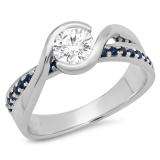 1.00 Carat (Ctw) 10K White Gold Round Blue Sapphire & White Diamond Ladies Bridal Swirl Twisted Engagement Ring 1 CT