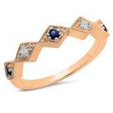 0.20 Carat (Ctw) 18K Rose Gold Round Blue Sapphire & White Diamond Ladies Vintage Style Milgrain Stackable Wedding Band 1/5 CT
