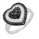 1.35 Carat (ctw) 14K White Gold Round Black & Baguette Cut White Diamond Ladies Heart Promise Ring