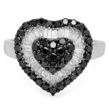 1.35 Carat (ctw) 14K White Gold Round Black & Baguette Cut White Diamond Ladies Heart Promise Ring