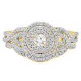 0.55 Carat (Ctw) 14K Yellow Gold Round Cut White Diamond Ladies Bridal Swirl Halo Style Split Shank Engagement Ring With Matching Band Set 1/2 CT