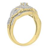 0.55 Carat (Ctw) 18K Yellow Gold Round Cut White Diamond Ladies Bridal Swirl Halo Style Split Shank Engagement Ring With Matching Band Set 1/2 CT
