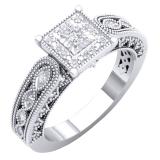 0.10 Carat (Ctw) Sterling Silver Round Cut White Diamond Ladies Bridal Milgrain Engagement Ring 1/10 CT