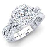1.00 Carat (Ctw) 10K White Gold Round Cut Diamond Ladies Swirl Split Shank Bridal Halo Engagement Ring With Matching Band Set 1 CT