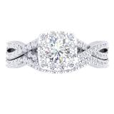 1.00 Carat (Ctw) 10K White Gold Round Cut Diamond Ladies Swirl Split Shank Bridal Halo Engagement Ring With Matching Band Set 1 CT