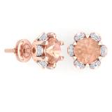 1.90 Carat (Ctw) 18K Rose Gold Round Cut Morganite & White Diamond Ladies Flower Shaped Stud Earrings
