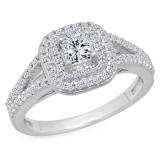 1.00 Carat (Ctw) 14K White Gold Princess & Round Cut White Diamond Ladies Split Shank Halo Bridal Engagement Ring 1 CT