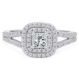 1.00 Carat (Ctw) 14K White Gold Princess & Round Cut White Diamond Ladies Split Shank Halo Bridal Engagement Ring 1 CT
