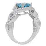 2.25 Carat (ctw) 10K White Gold Round Blue Topaz & White Diamond Ladies Bridal Swirl Split Shank Engagement Ring