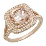 2.20 Carat (ctw) 18K Rose Gold Cushion Cut Morganite and Round Cut White Diamond Ladies Split Shank Halo Bridal Engagement Ring