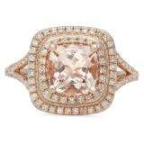 2.20 Carat (ctw) 18K Rose Gold Cushion Cut Morganite and Round Cut White Diamond Ladies Split Shank Halo Bridal Engagement Ring