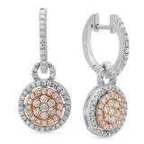 0.70 Carat (ctw) Two Tone Rose Gold Plated 10K White Gold Round White Diamond Ladies Cluster Style Dangling Earrings 3/4 CT