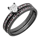 1.80 Carat (ctw) Black Rhodium Plated Sterling Silver Heart Cut White & Round Pink Sapphire Cubic Zirconia Ladies Bridal Engagement Ring With Matching Band Set