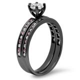 1.80 Carat (ctw) Black Rhodium Plated Sterling Silver Heart Cut White & Round Pink Sapphire Cubic Zirconia Ladies Bridal Engagement Ring With Matching Band Set