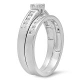 0.60 Carat (ctw) 14k White Gold Princess & Round White Diamond Ladies Bridal Engagement Ring With Matching Band Set