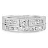 0.60 Carat (ctw) 14k White Gold Princess & Round White Diamond Ladies Bridal Engagement Ring With Matching Band Set