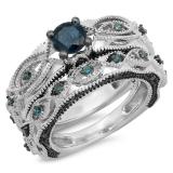 1.05 Carat (ctw) 10K White Gold Round Cut Blue Diamond Ladies Bridal Vintage Style Engagement Ring With Matching Band Set 1 CT