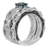 1.05 Carat (ctw) 10K White Gold Round Cut Blue Diamond Ladies Bridal Vintage Style Engagement Ring With Matching Band Set 1 CT
