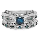 1.05 Carat (ctw) 10K White Gold Round Cut Blue Diamond Ladies Bridal Vintage Style Engagement Ring With Matching Band Set 1 CT