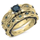 1.05 Carat (ctw) 14K Yellow Gold Round Cut Blue Diamond Ladies Bridal Vintage Style Engagement Ring With Matching Band Set 1 CT