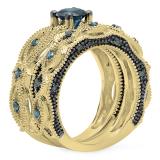 1.05 Carat (ctw) 14K Yellow Gold Round Cut Blue Diamond Ladies Bridal Vintage Style Engagement Ring With Matching Band Set 1 CT